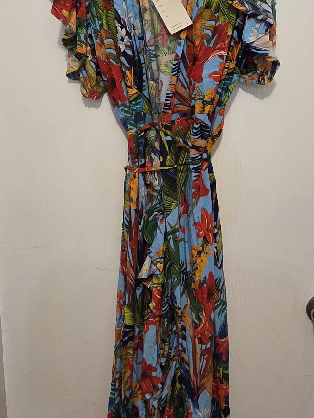 ELF Floral Wrap Maxi Dress in Sky Blue with Red & Green Accents
